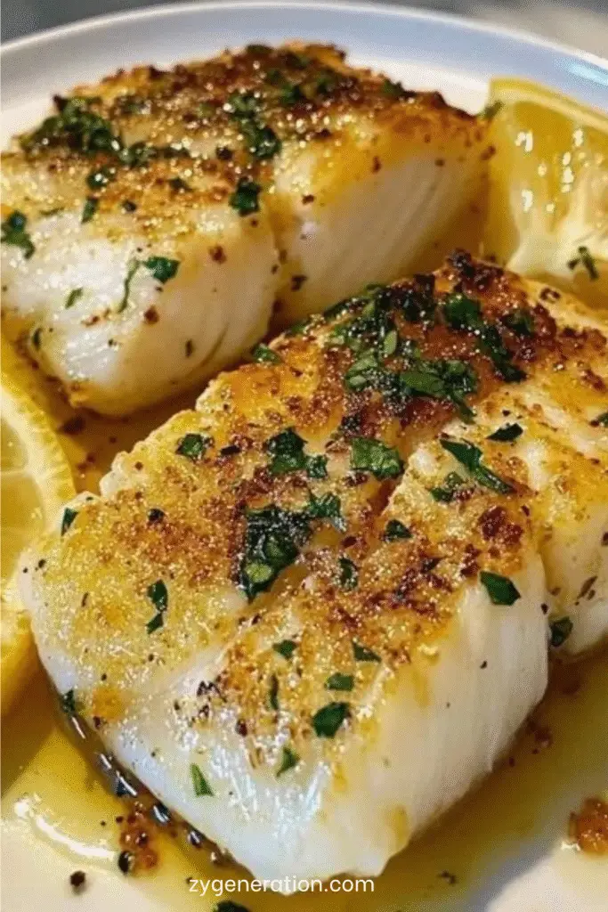 Filets de cabillaud au citron et à l’ail cuits au four, nappés d’une sauce au beurre, huile d’olive et persil, garnis de rondelles de citron et servis dans un plat familial.
