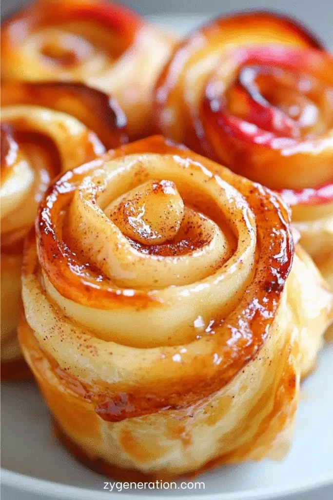 Roses feuilletées aux pommes et à la cannelle, dorées et caramélisées, disposées dans des moules à muffins, saupoudrées de sucre glace, prêtes à être dégustées en dessert ou au goûter.