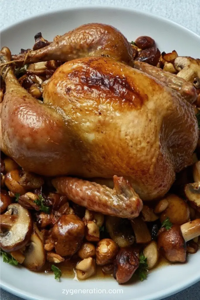 Chapon rôti doré au four, entouré de marrons caramélisés et de champignons sautés, servi dans un grand plat de fête sur une table élégamment dressée.