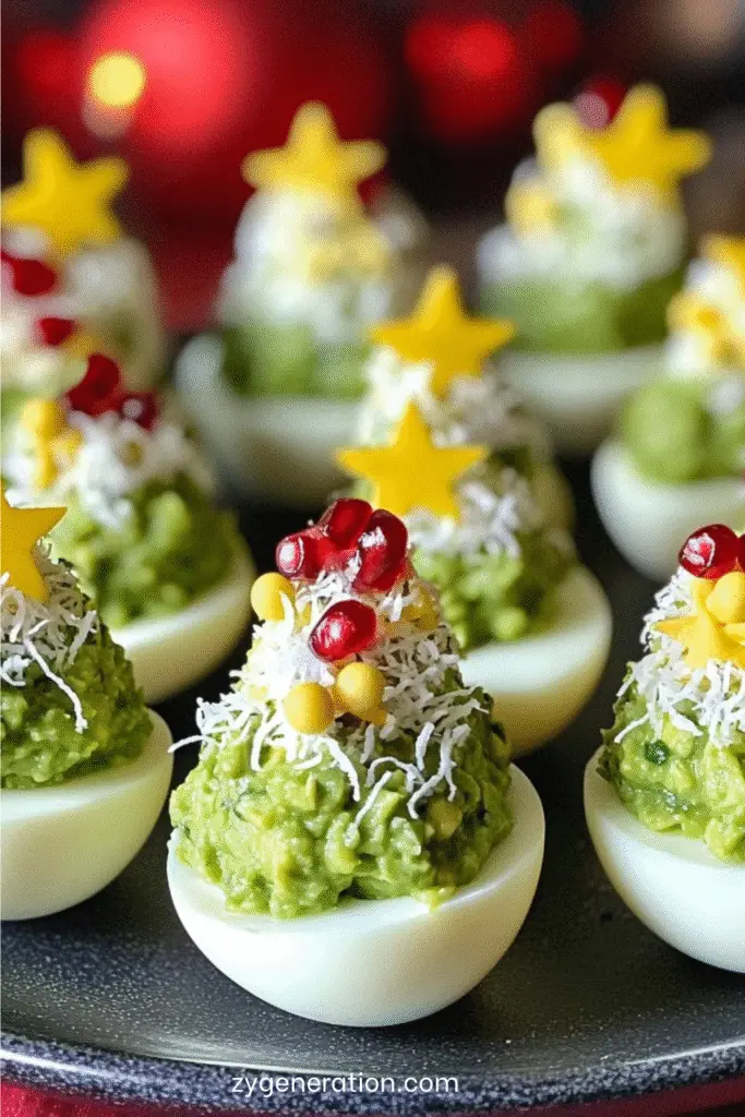Œufs mimosa dressés en forme de petits sapins de Noël, garnis d’avocat, fromage râpé, graines de grenade et étoile de poivron jaune au sommet, sur un plat de fête.