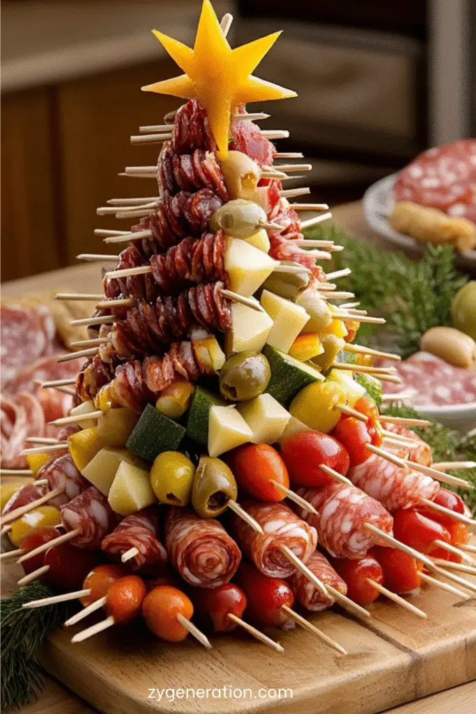 sapin apéritif composé de charcuterie fromages olives et légumes sur cône