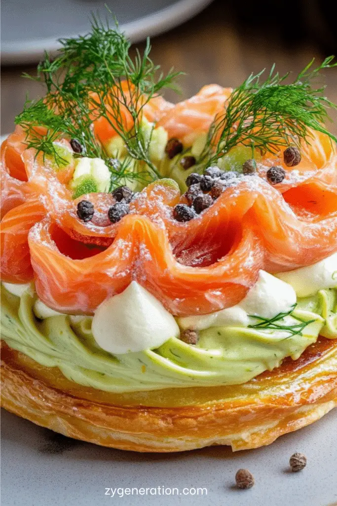 Paris-Brest salé garni de crème d’avocat citronnée et de saumon fumé, décoré de fromage frais fouetté, d’aneth et de baies roses sur une assiette de fête.