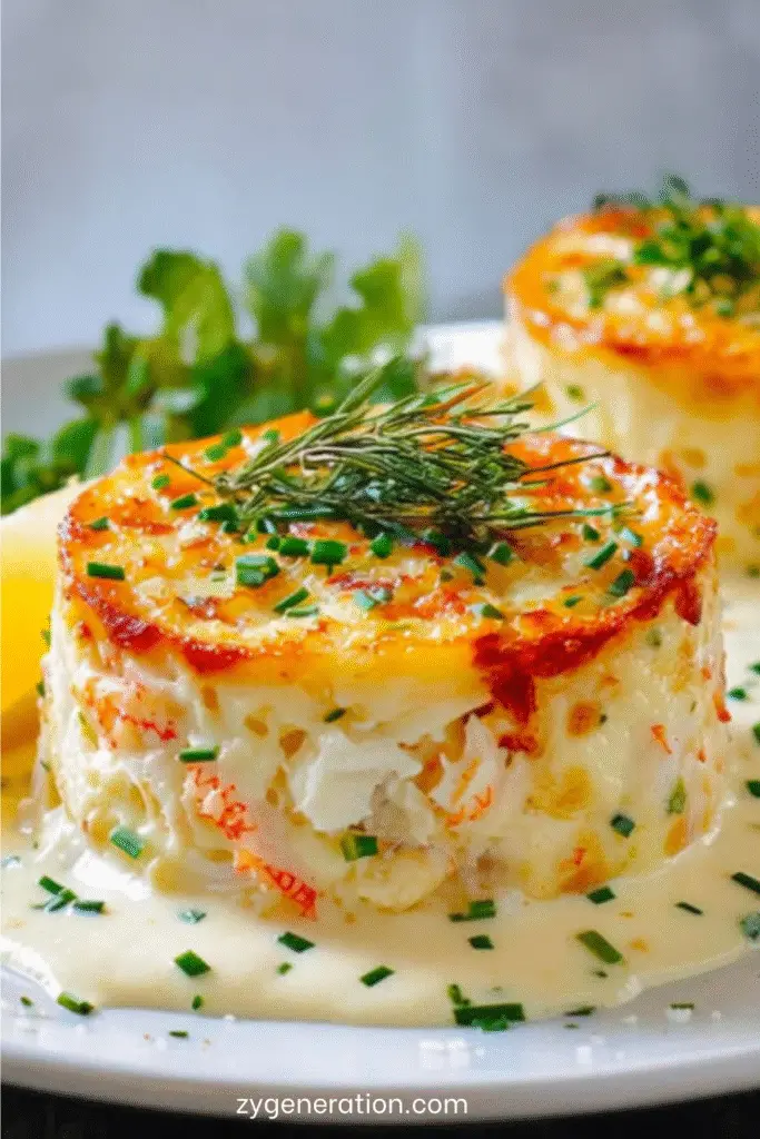 Flans individuels au crabe et ciboulette, démoulés sur assiette, nappés de sauce crémeuse au citron et décorés d’herbes fraîches.