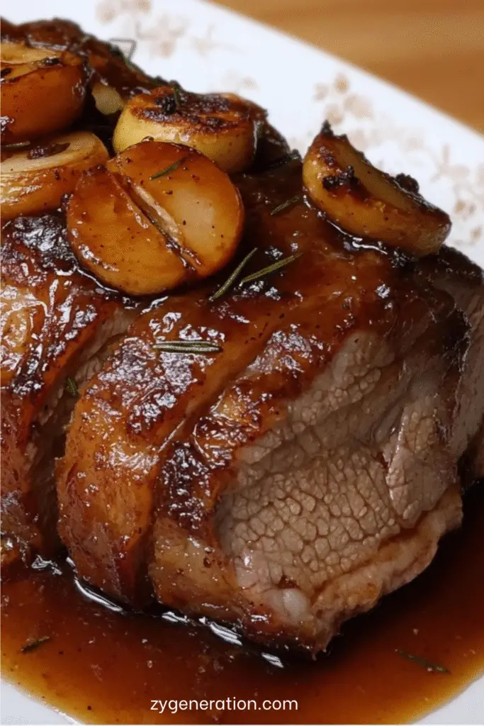 Rôti de porc caramélisé au miel tranché, nappé de sauce brillante miel-soja avec échalotes et romarin, servi dans une cocotte avec garniture.