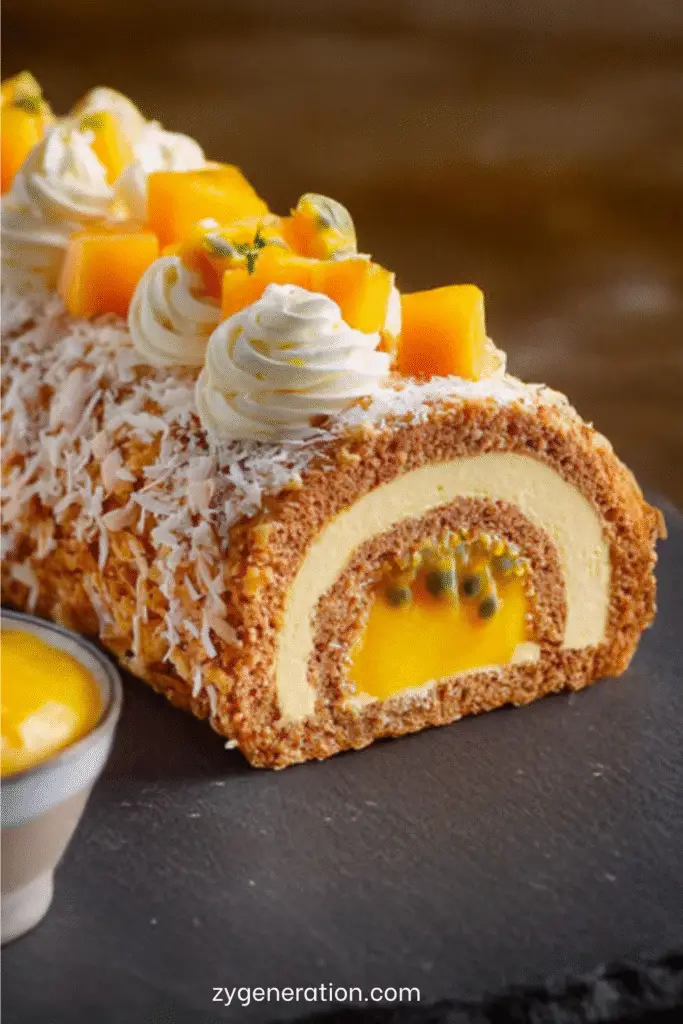 Bûche de Noël mangue passion coco glacée, décorée de dés de mangue fraîche et copeaux de coco, présentée sur un plat de fête tropical.