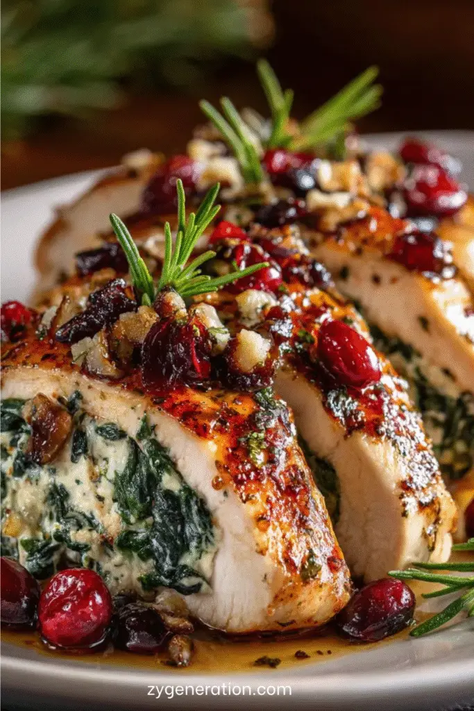 Poitrines de poulet farcies aux épinards, brie et canneberges, dorées au four, nappées d’un glaçage miel-balsamique et garnies de brins de romarin.