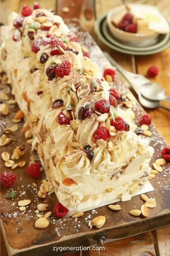 Bûche roulée garnie de crème au mascarpone et framboises, décorée d’amandes effilées, fruits secs et sucre glace sur un plat de fête.