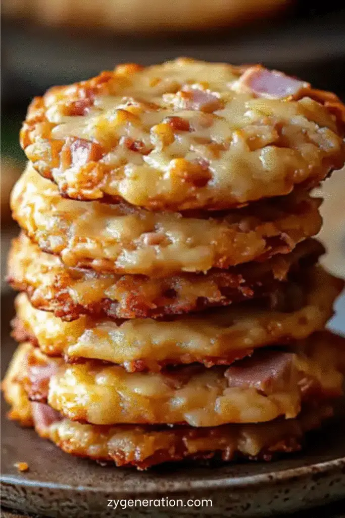 Assiette de cookies salés au jambon et au fromage, dorés au four, disposés pour l’apéritif sur une table de fête.