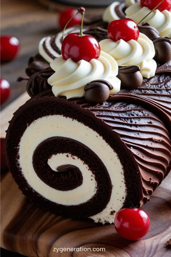 Bûche de Noël au chocolat garnie de crème chantilly aux cerises, nappée de ganache brillante et décorée de cerises confites et volutes de chocolat sur un plat de fête.