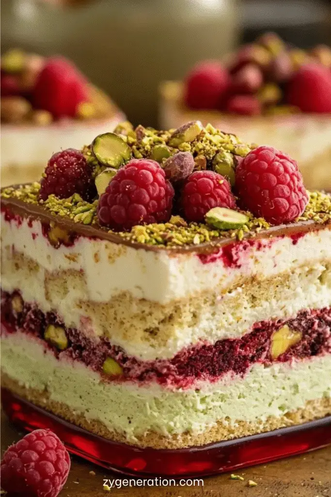 Verrines de tiramisu à la framboise et à la pistache, avec couches de crème mascarpone, coulis rouge et éclats de pistaches sur le dessus.