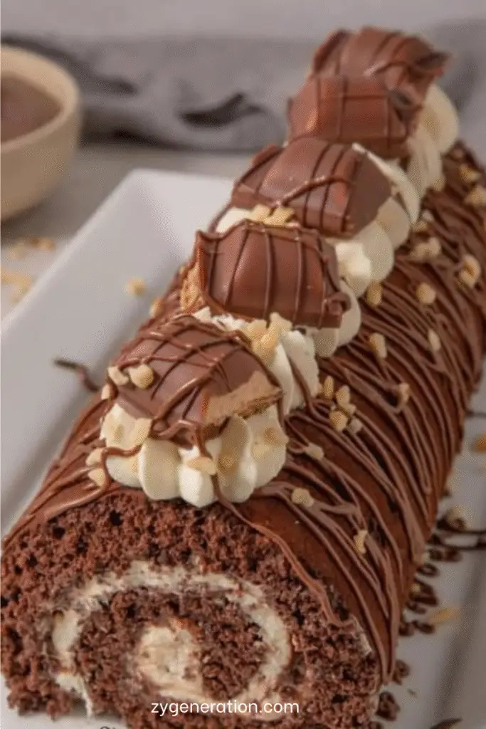 Photo d’un roulé suisse au Nutella fait maison, délicatement saupoudré de sucre glace, avec une génoise moelleuse et une garniture généreuse à la pâte à tartiner.