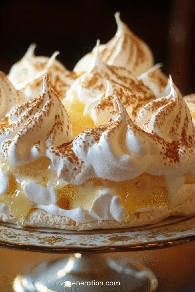 Pavlova au citron meringué avec meringue croustillante, crème chantilly légère et lemon curd maison, décorée de zestes de citron sur un plat de service.