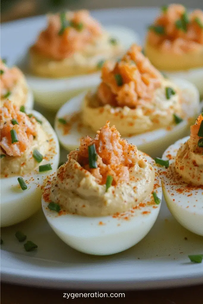 Photographie d’œufs mimosa garnis au saumon ou au thon, décorés de paprika et d’herbes fraîches, disposés sur une assiette élégante.