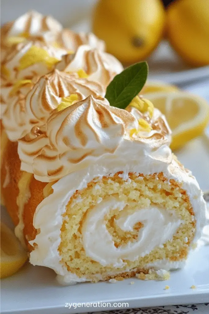 Gâteau roulé au citron recouvert de meringue dorée, tranché et présenté sur un plat, avec génoise moelleuse et lemon curd brillant à l’intérieur.