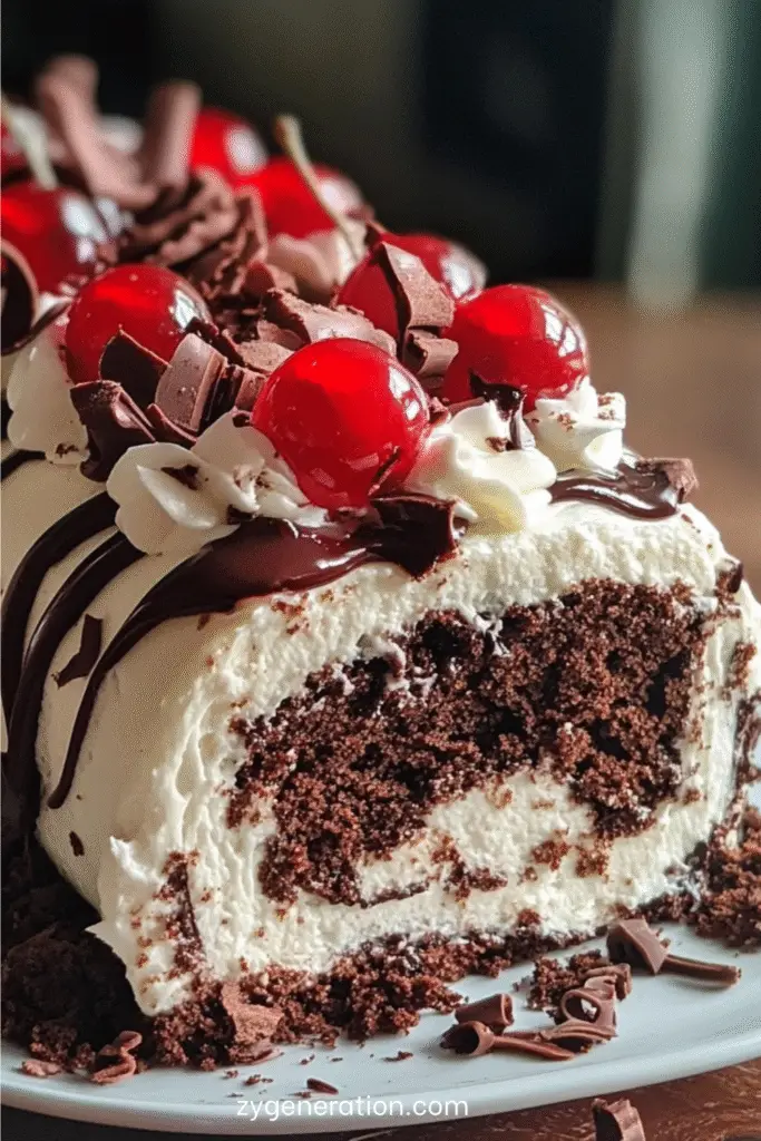 Gâteau roulé Forêt-Noire garni de chantilly et cerises, décoré de copeaux de chocolat et de cerises entières sur une assiette.