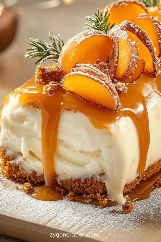 Photographie d’une bûche glacée au caramel et aux spéculoos nappée de caramel coulant, décorée de fruits confits et de romarin sur un plat festif.