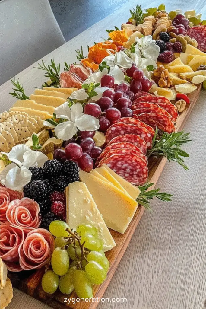 Plateau garni de fromages variés, charcuteries roulées, fruits frais, noix, crackers et herbes, présenté de manière harmonieuse pour un apéritif festif.