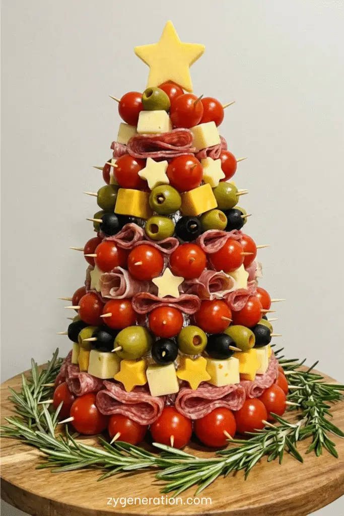 Sapin apéritif composé de tomates cerises, cubes de fromage, olives, saucisson et étoiles décoratives, monté sur un cône et décoré de romarin.