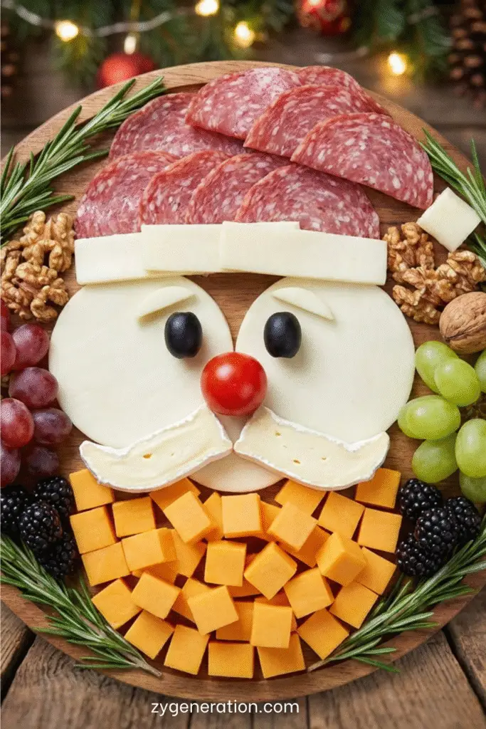 Plateau apéritif représentant un Père Noël réalisé avec saucisson, fromages, olives, tomate cerise, fruits et romarin, présenté en forme de visage festif.