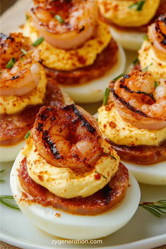 oeufs farcis garnis de chorizo grillé et crevettes sur plateau apéritif