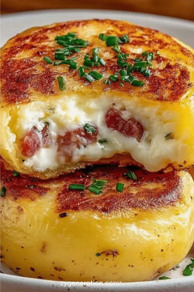 Pommes de terre farcies gratinées au Reblochon et lardons, dorées au four et garnies de ciboulette fraîche.