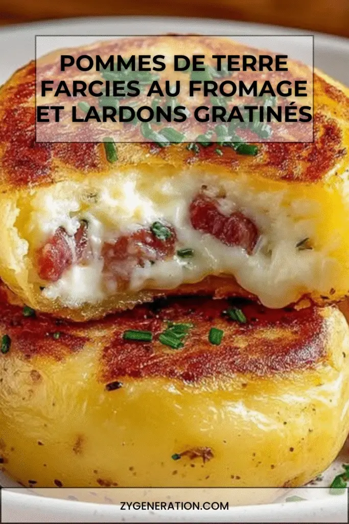 Pommes de terre farcies gratinées au Reblochon et lardons, dorées au four et garnies de ciboulette fraîche.