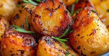Pommes de terre grenailles rôties au romarin, dorées et croustillantes, servies sur une plaque avec herbes fraîches.