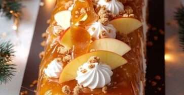 Bûche roulée garnie de caramel beurre salé, pommes caramélisées et crumble de spéculoos.