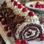 Bûche Forêt-Noire roulée au chocolat garnie de chantilly et de cerises.