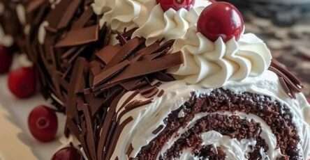 Bûche Forêt-Noire roulée au chocolat garnie de chantilly et de cerises.