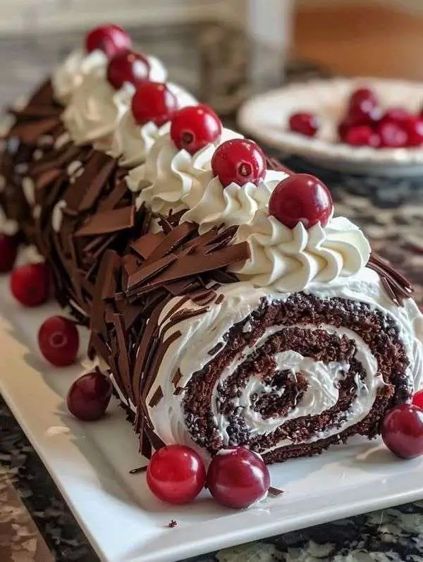 Bûche Forêt-Noire roulée au chocolat garnie de chantilly et de cerises.
