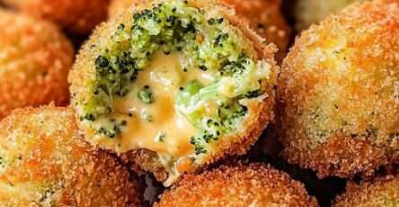 Boules de brocoli au fromage croustillantes, dorées et frites, servies sur une assiette avec une sauce dip.