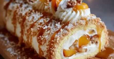 Bûche au chocolat nappée de caramel beurre salé et décorée de fruits rouges frais.