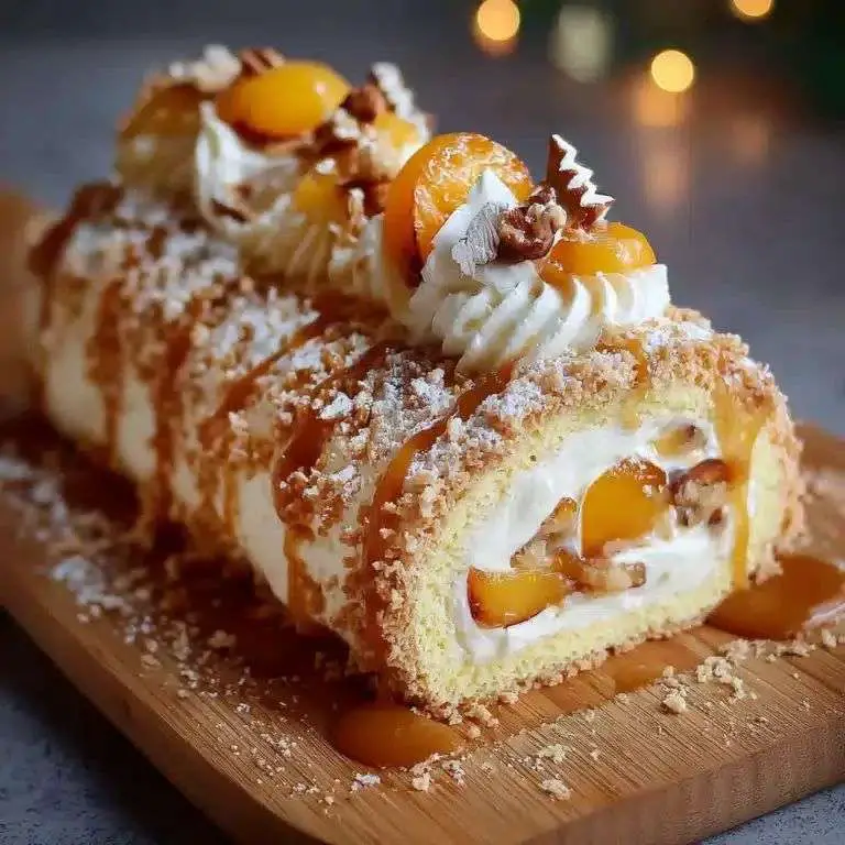 Bûche au chocolat nappée de caramel beurre salé et décorée de fruits rouges frais.