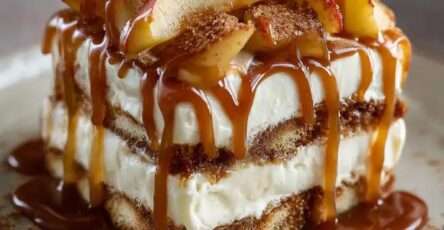 Tiramisu aux pommes poêlées et caramel beurre salé.