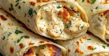Wraps de poulet tendre en sauce crémeuse à l’ail, enroulés dans des tortillas moelleuses et coupés en deux.