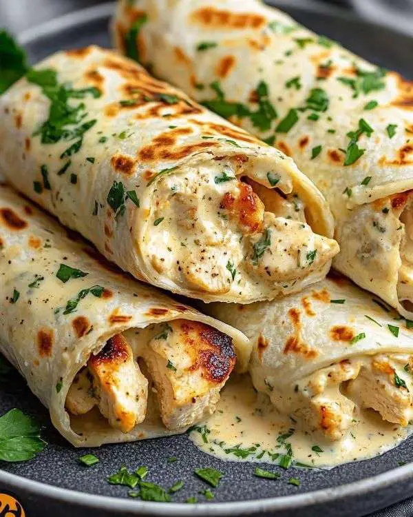 Wraps de poulet tendre en sauce crémeuse à l’ail, enroulés dans des tortillas moelleuses et coupés en deux.