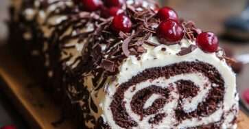 Gâteau roulé Forêt-Noire garni de chantilly et cerises, décoré de copeaux de chocolat.