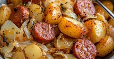 Poêlée de kielbasa dorée avec pommes de terre et chou sautés, servie dans une cocotte rustique.