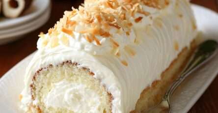 Gâteau roulé à la noix de coco garni de crème pâtissière, saupoudré de coco râpée.