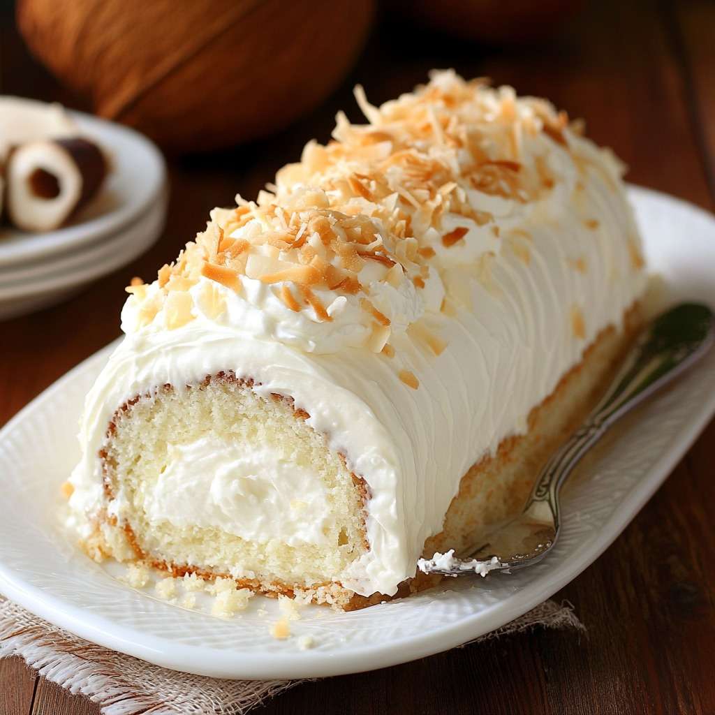 Gâteau roulé à la noix de coco garni de crème pâtissière, saupoudré de coco râpée.
