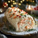 Bûche au crabe roulée au cream cheese, décorée d’herbes fraîches et de tranches de citron.