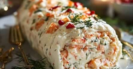 Bûche au crabe roulée au cream cheese, décorée d’herbes fraîches et de tranches de citron.