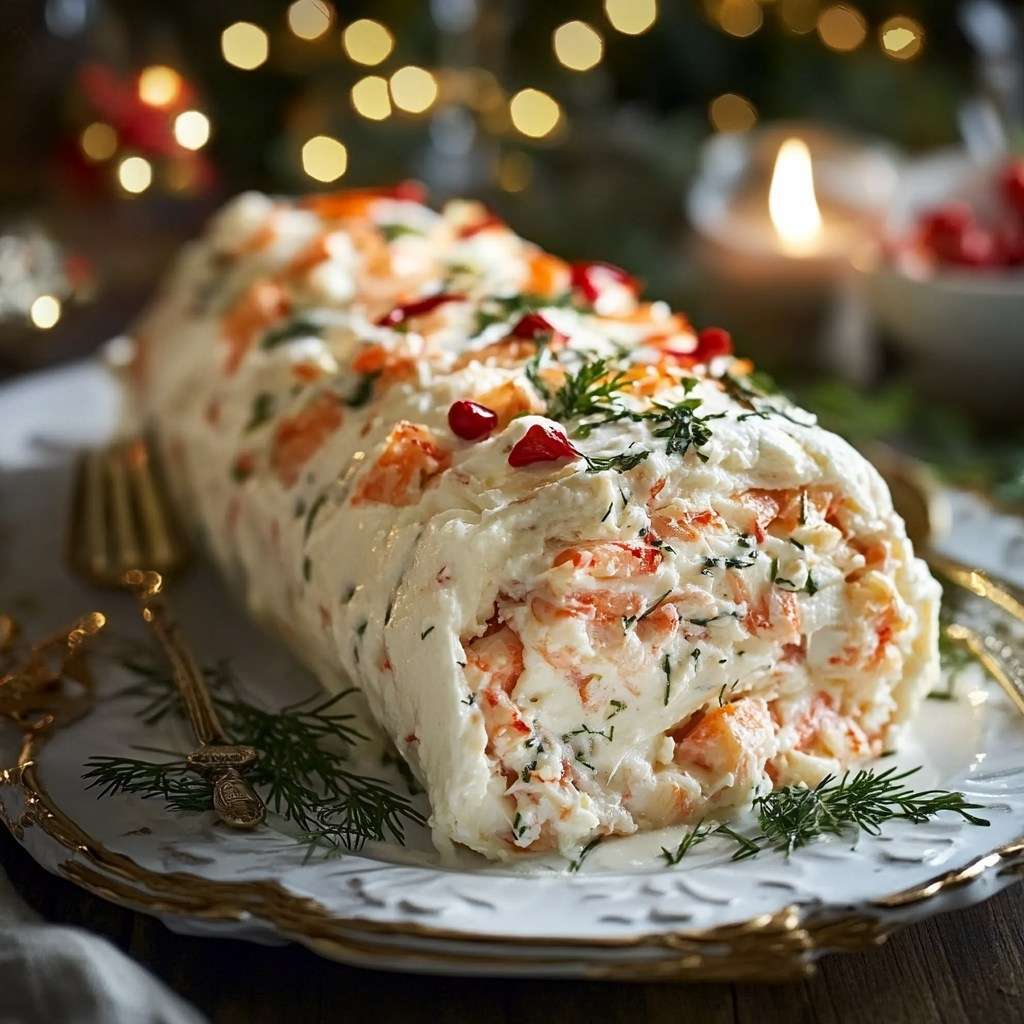 Bûche au crabe roulée au cream cheese, décorée d’herbes fraîches et de tranches de citron.