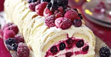 Bûche de Noël roulée garnie de mascarpone et fruits frais, décorée de sucre glace et menthe.