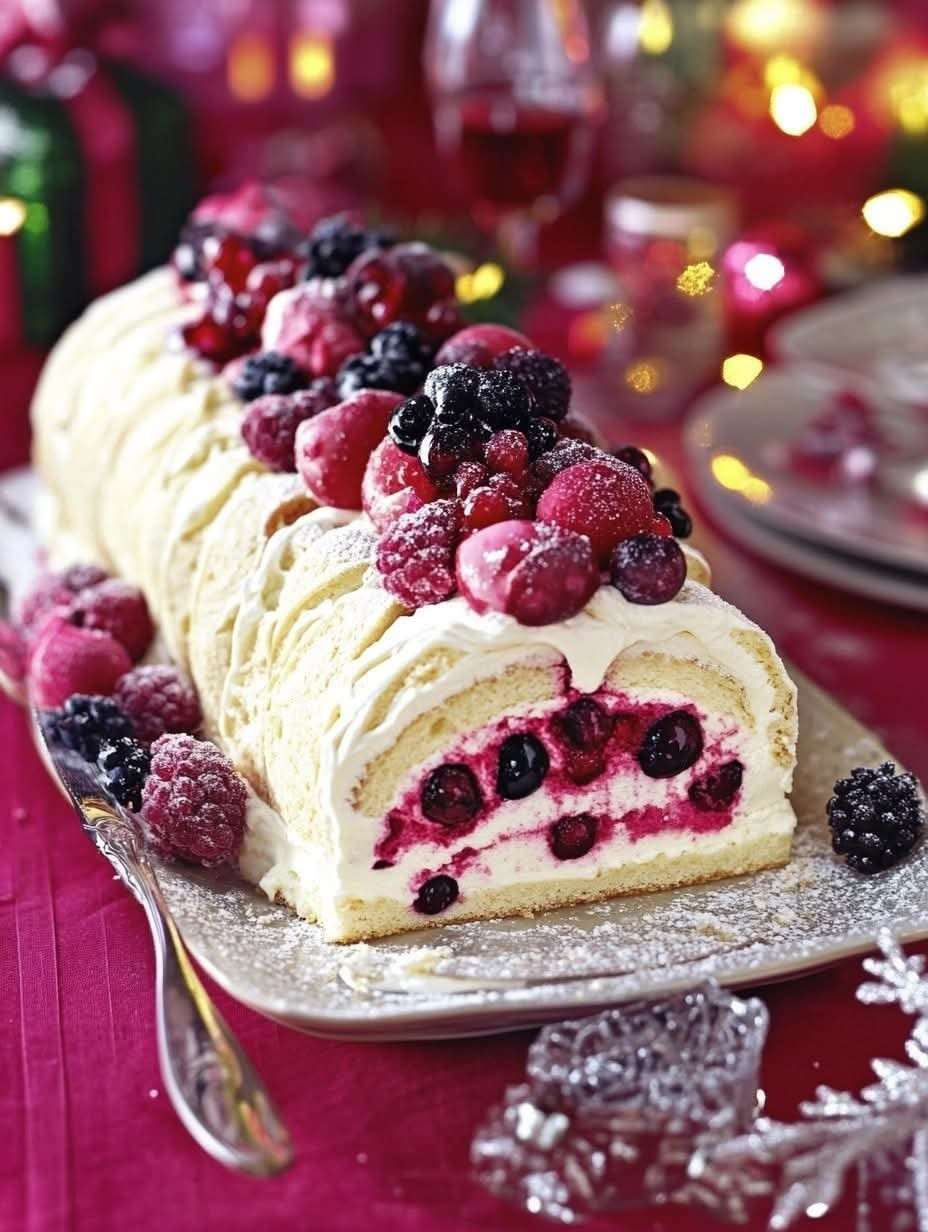 Bûche de Noël roulée garnie de mascarpone et fruits frais, décorée de sucre glace et menthe.