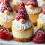 Mini cheesecakes décorés en lutins de Noël avec fraises, chantilly et sucre glace.