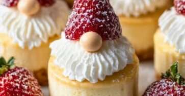 Mini cheesecakes décorés en lutins de Noël avec fraises, chantilly et sucre glace.