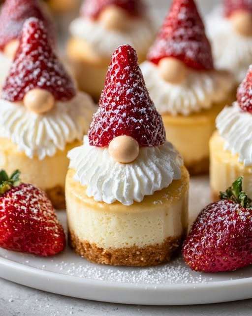 Mini cheesecakes décorés en lutins de Noël avec fraises, chantilly et sucre glace.