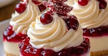 Mini cheesecakes individuels garnis de fruits rouges, chantilly vanille et décorations de Noël en chocolat.